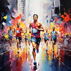 A colorful painting of marathon in the urban city