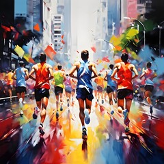 A colorful painting of marathon in the urban city