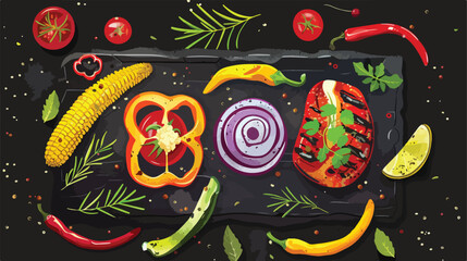 Board with tasty grilled vegetables on dark background