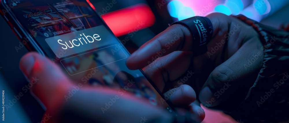 Poster streaming video and newsletter subscription concept. close-up macro shot of touch screen device with