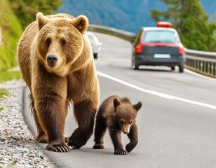Obraz premium Brown bear with cubs walking on a street