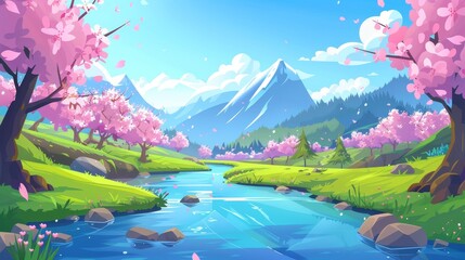 The landscape of a mountain river with old sakura trees is a vivid blue water, pink cherry blossom petals, green grass, glacier and cloudy sky.