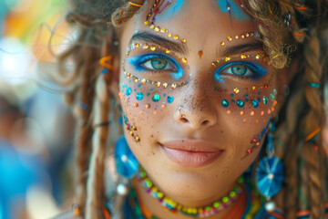 Artistic portrait of a genderfluid person with face paint, calm parade atmosphere in the background. AI generated.