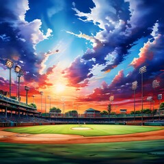 A colorful illustration of a baseball field