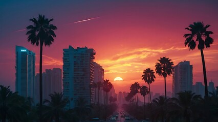 sunset in the city Synthwave Sunset Retro-futuristic Cityscape