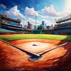 A colorful illustration of a baseball field