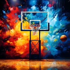A basketball with colorful and vibrant splash background
