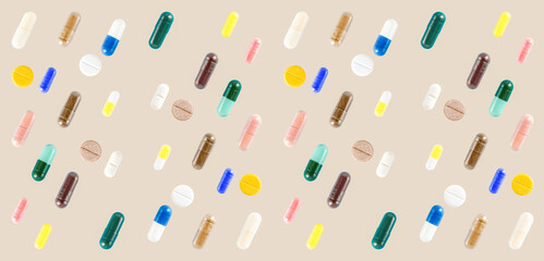 Seamless pattern of colorful pills background. Biohacking concept.