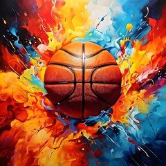 A basketball with colorful and vibrant splash background