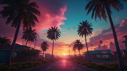 Fototapeta premium sunset in the city Synthwave Sunset Retro-futuristic Cityscape