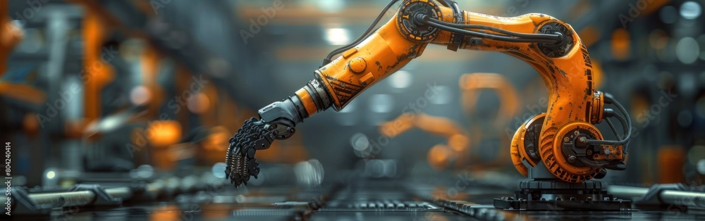 Poster a robotic hand is reaching out towards an object moving along a conveyor belt in a factory setting