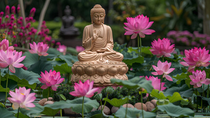 
golden buddha and lots of pink lotus and other green flowers