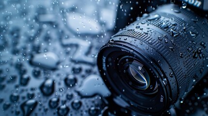 Close-up of a camera lens drenched in raindrops captures the essence of photography in the rain