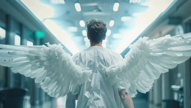 Doctor with angel wings in a white coat. Guardian angel concept. Hero saves lives. Brave courageous man. Medicine uniform. Hospital background.
