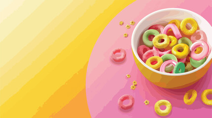 Bowl of colorful cereal rings on yellow and pink background