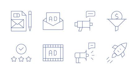 Marketing icons. Editable stroke. Containing rating, stationery, ad, marketing, contentmarketing, funnel, rocket.