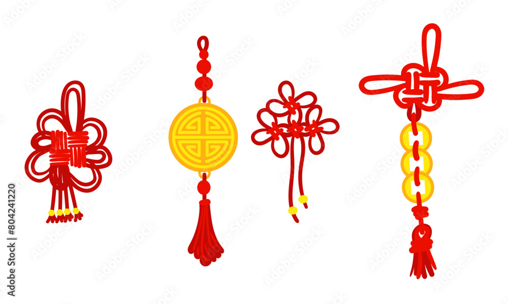 Wall mural set of red threads tied in chinese knots for good luck, symbolizing good luck and prosperity. red th