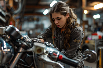 Fototapeta na wymiar A brunette woman repairing a motorcycle at a garage