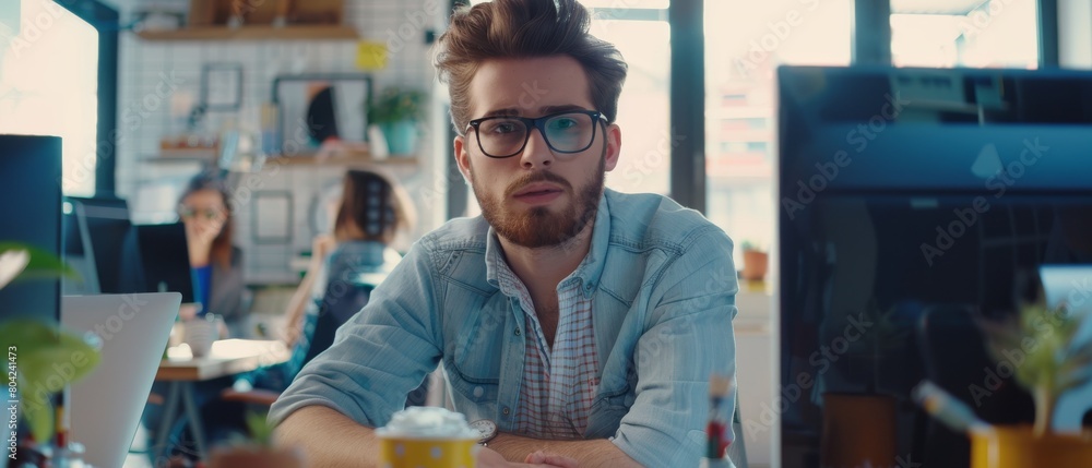 Poster an attractive office worker sits and works at his desktop computer as he discusses problem solution 