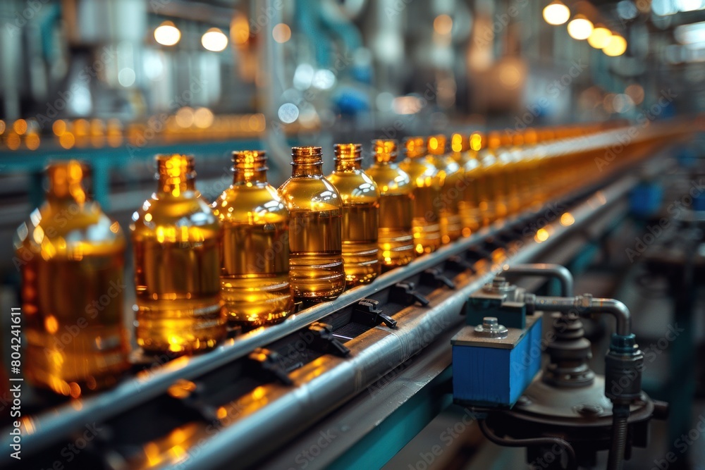 Poster bottles lined up on a conveyor belt in a factory setting