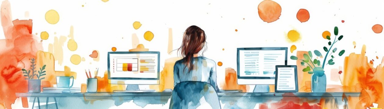 A businesswoman is sitting at her desk, working on her computer