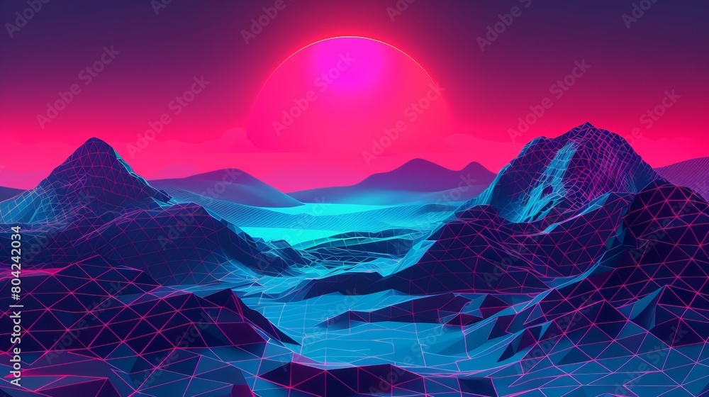 Poster realistic modern illustration of new retro wave backdrop in 80s style. abstract wireframe geometric 