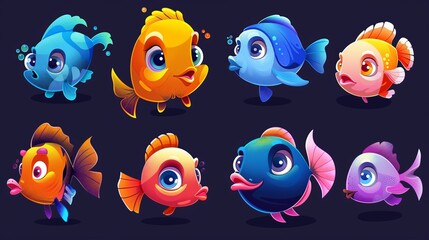 Cartoon fish with fins and smiling lips. Modern illustration of sea or ocean animal characters. Aquarium or marine underwater creature collection. Aquatic bottom species habitats.