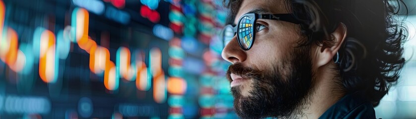 A man wearing glasses is looking at a screen with a lot of data on it.