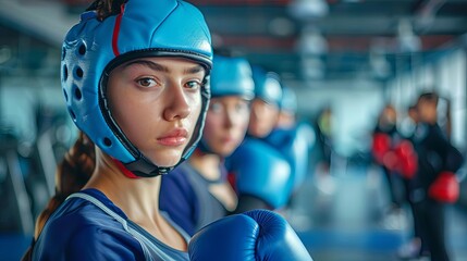 A young female boxer with blue headgear and gloves is standing in a fighting stance, ready to compete. - obrazy, fototapety, plakaty