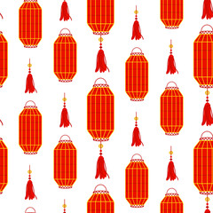 Pattern is a Chinese red paper lantern with tassels, reminiscent of cultural wealth and a festive atmosphere. A festive festival. An elongated rectangle with coins. The Moon Festival. illustration