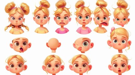 An animated set featuring pigtails and a variety of lip positions that a little female child uses to pronounce English alphabet letters with pigtails.
