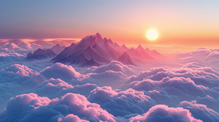 A breathtaking view of a sunrise over a vast snow-capped mountain range, enveloped by a sea of clouds.
