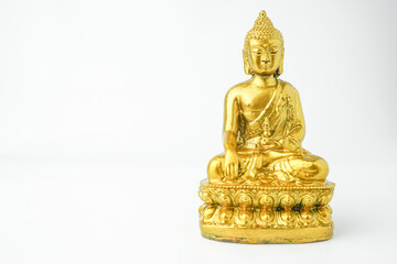 A golden statue of a Buddhist figure meditating facing the front isolated on white background. Bodhisattva Face. Concept for Vesak Day and Enlightenment Day