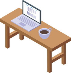 Laptop on desktop table icon isometric vector. Work with coffee cup. Home office