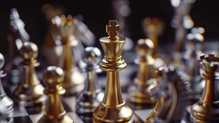 Golden chess king standing face to face with silver chess on bokeh background