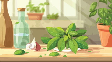 Composition with fresh basil on table 2d flat carto