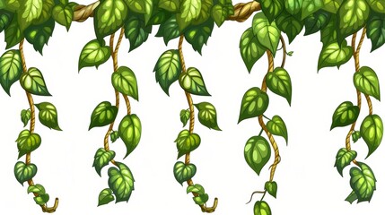 An illustration of jungle liana vines. Cartoon modern illustration border of rainforest trees creeping with foliage. Ivy climbing plant stem and rope. Tropical hanging vegetation frame.