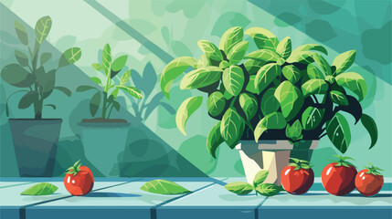 Composition with fresh basil on table 2d flat carto