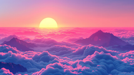 Vivid sunrise over mountains surrounded by a sea of clouds, with a glowing sun casting a halo.
