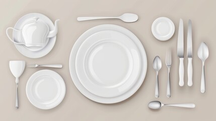 Detailed modern illustration of white porcelain plates, knives, forks, spoons and knives for...