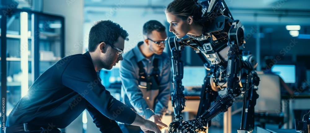 Poster developing an exoskeleton prototype with a person testing it. developing wearable exosuits to assist