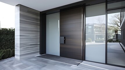 A modern entry with a large pivoting door in dark oak and a side panel of frosted glass