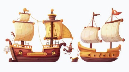 Cartoon modern illustration set of vintage ships with wooden decks and masts. Medieval marine transport corsair and galleon for sea adventure game user interfaces.
