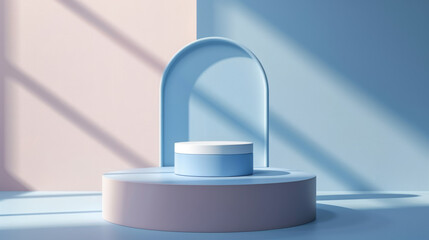 Modern minimalist podium in blue shades featuring a round arch and smooth surface for elegant product display.