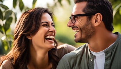 Fototapeta premium A man and a woman are laughing together in a park. They are both wearing casual clothes and look happy and relaxed. The background is blurry and looks like it is a park or garden.
