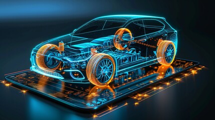 Application for a digital tablet for wireless diagnostics and analysis of the technical condition of the electric motor in the car and the state of the battery. Car model shown in 3D projection 