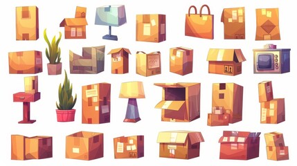 Cartoon modern illustration set of carton packages piles with lamp, plant, furniture, and belongings for new home move or garage storage concept.