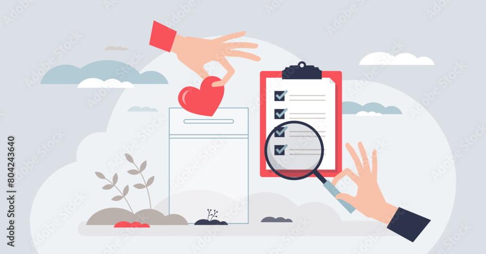 Wall mural Nonprofit management for donation organization tiny person hands concept. Corporate charity campaign with money raising for people in need vector illustration. Leadership for fundraising activity. - Wall murals