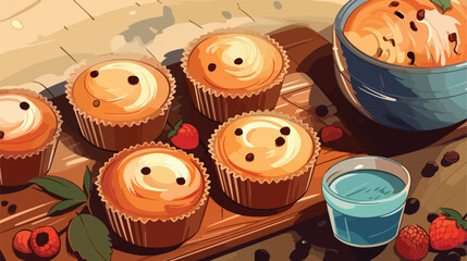 Composition with raw muffins and ingredients on gru