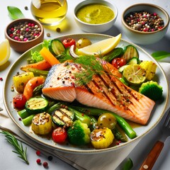 Grilled salmon fillet with vegetables and sauce. Healthy food dinner. Generative AI